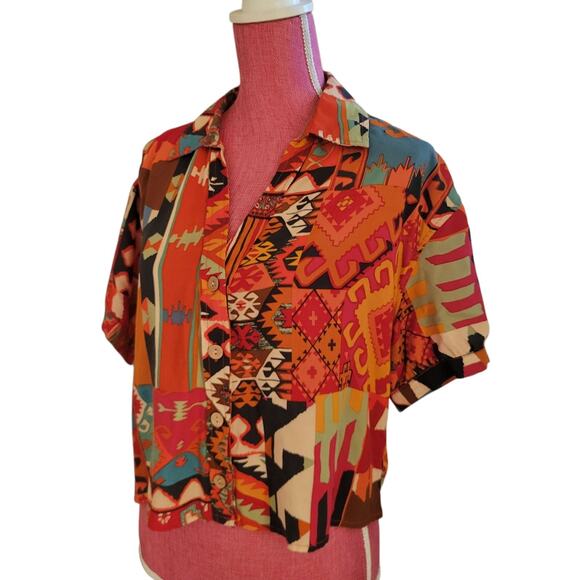Christian Siriano NY Aztec Print Top Women SM Button Up Artsy Western Festival - Picture 4 of 12